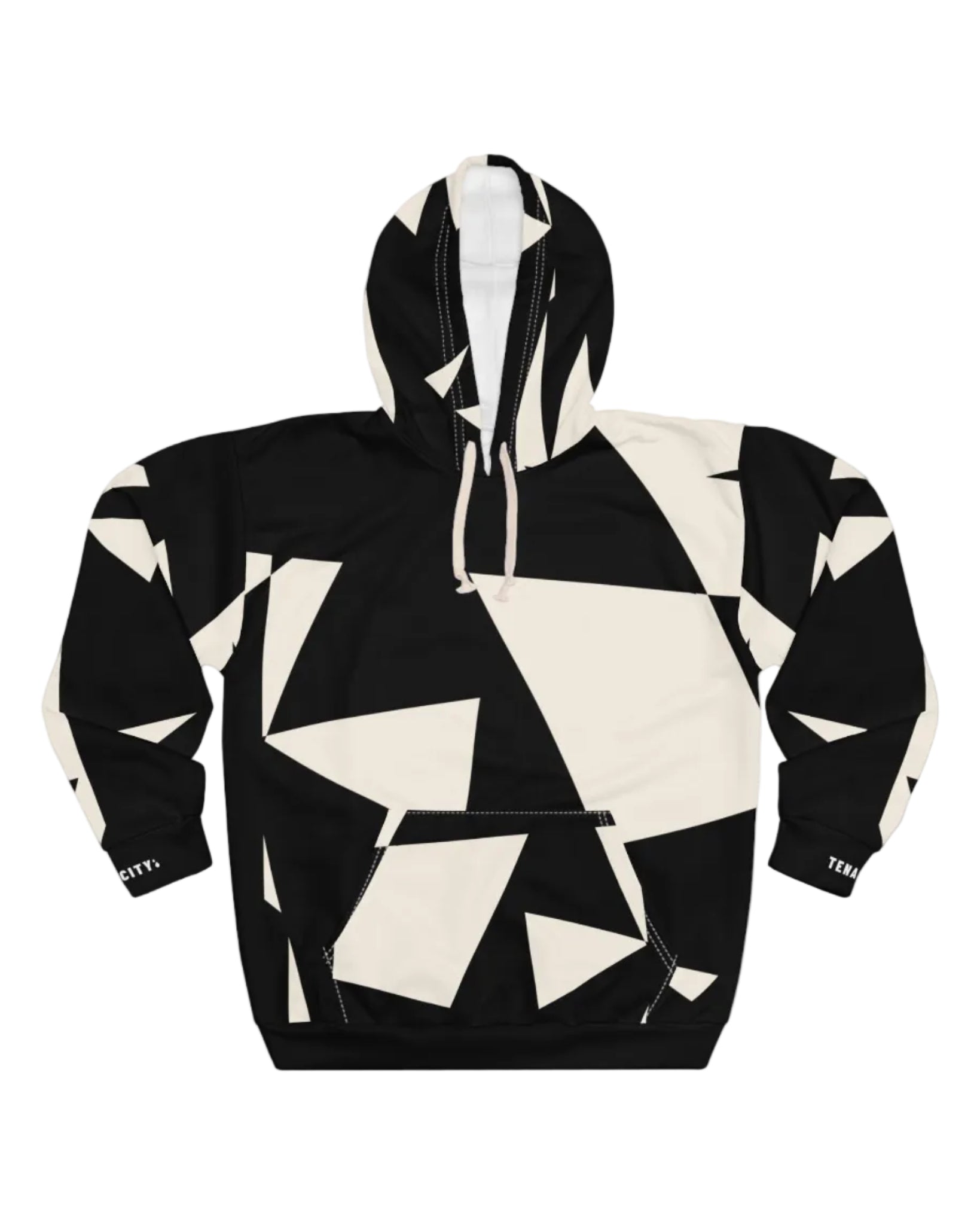 Black and white geometric patterned hoodie on a white background