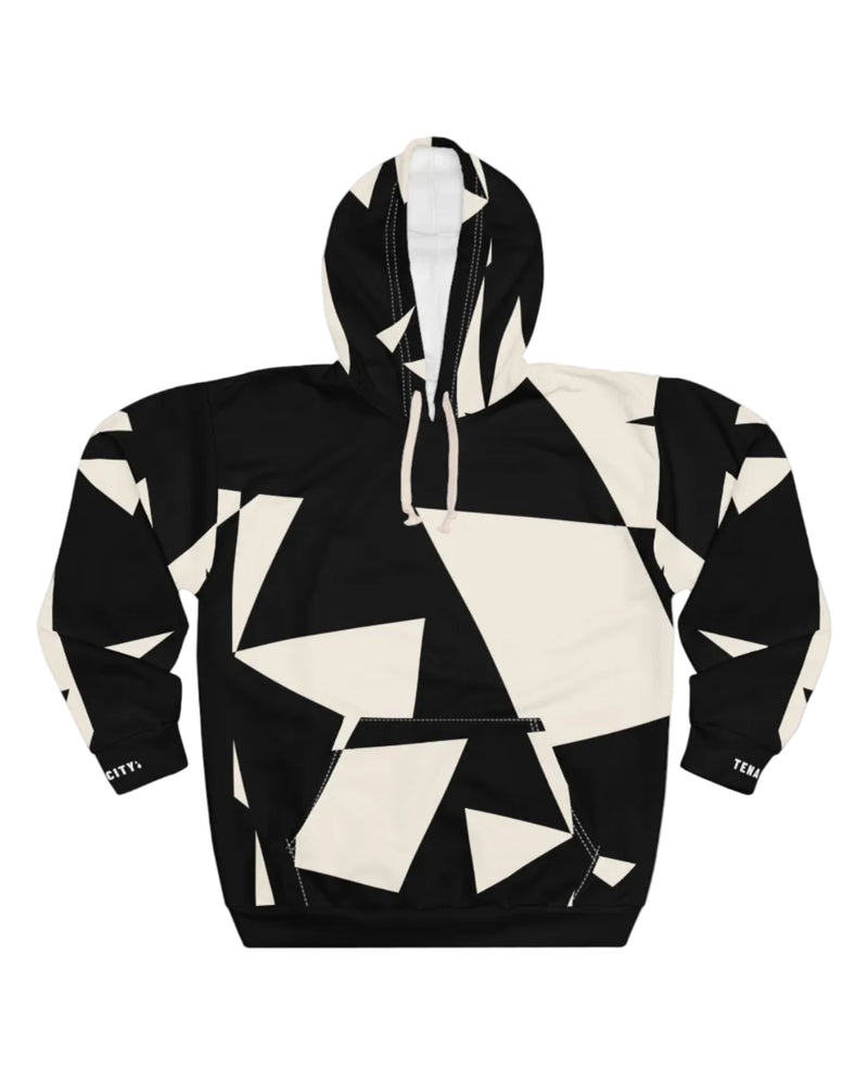 Black and white geometric patterned hoodie on a white background
