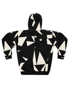Black hoodie with white geometric patterns on a white background
