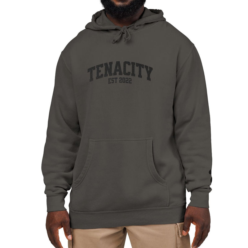 Man wearing a gray hoodie with 'TENACITY EST 2020' text on a white background
